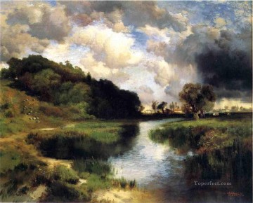 Día nublado en el paisaje de Amagansett Río Thomas Moran Pinturas al óleo